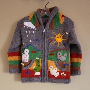 Colorful knit hooded zip up sweater with animal detail